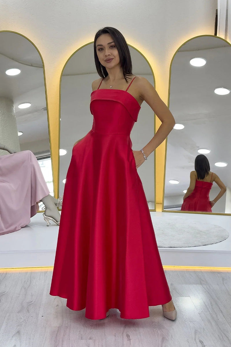 Women's Red İnce Strap Cep Detail Evening Gown