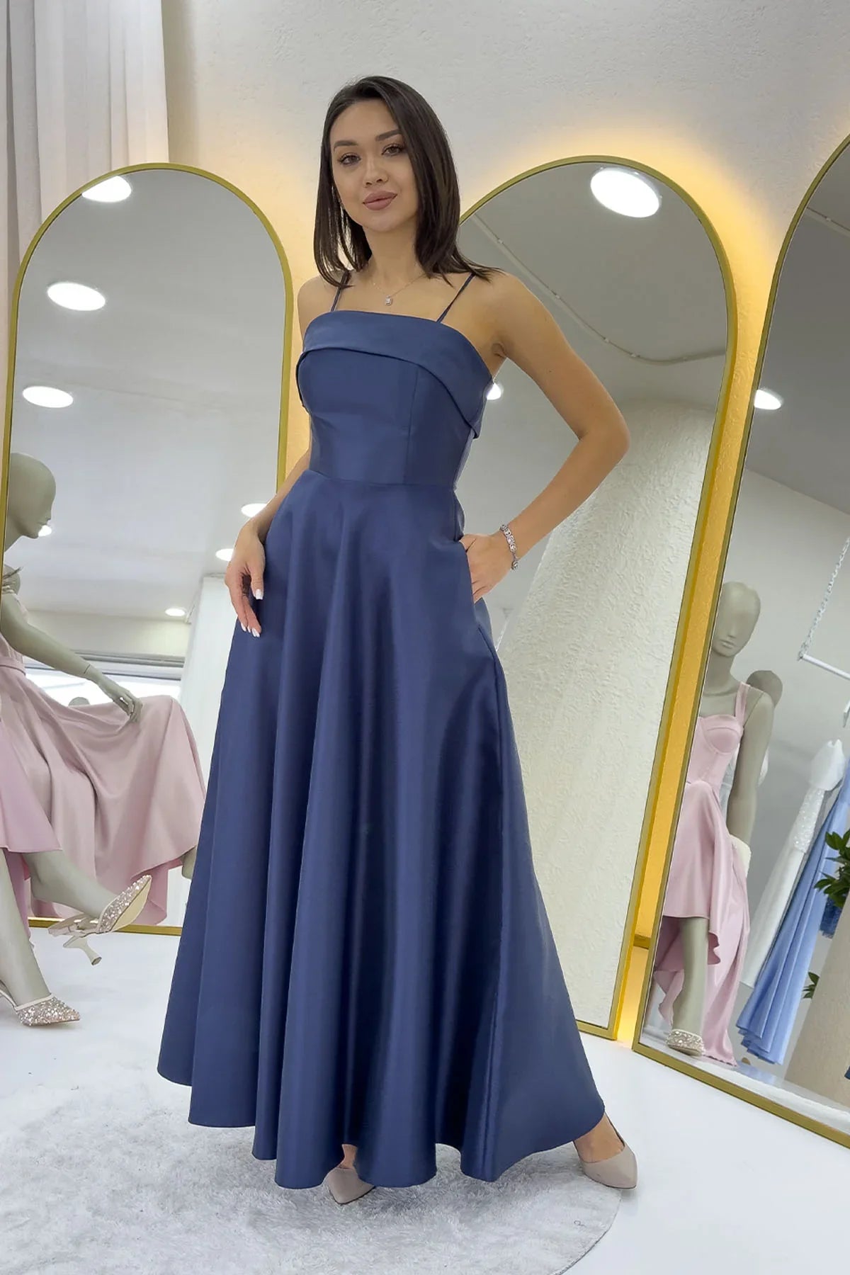 Women's Navy Blue İnce Strap Cep Detail Evening Gown