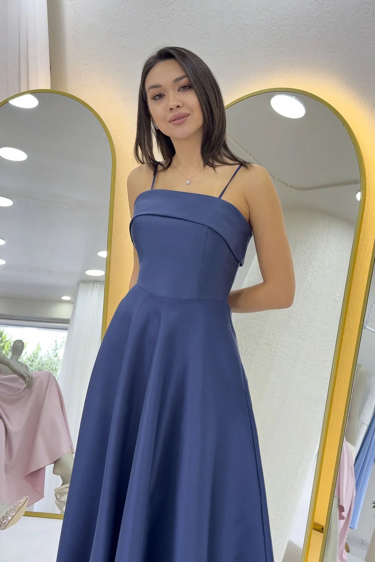 Women's Navy Blue İnce Strap Cep Detail Evening Gown