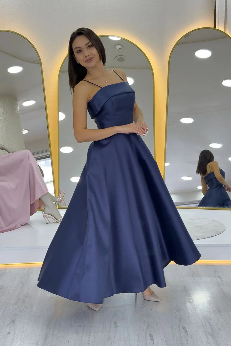 Women's Navy Blue İnce Strap Cep Detail Evening Gown