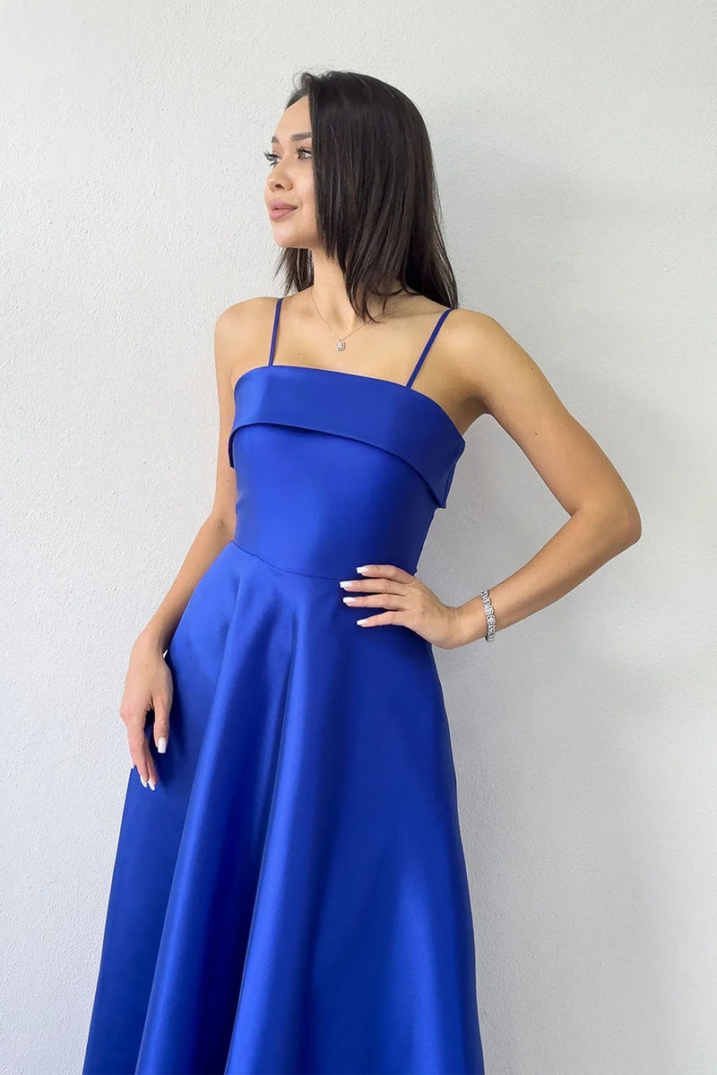 Women's Saxe Blue İnce Strap Cep Detail Evening Gown