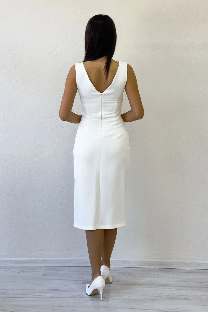 Women's White V-Neck Midi Crystal Embellished Plus Size Evening Gown