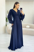Navy Blue Long Sleeve Front Gathered Maxi Dress