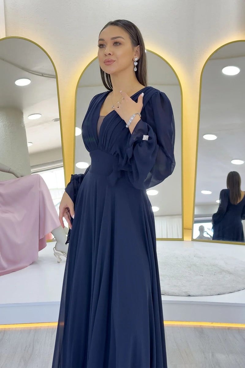 Women's Navy Blue Long Sleeve Ön Gathered Maxi Evening Gown
