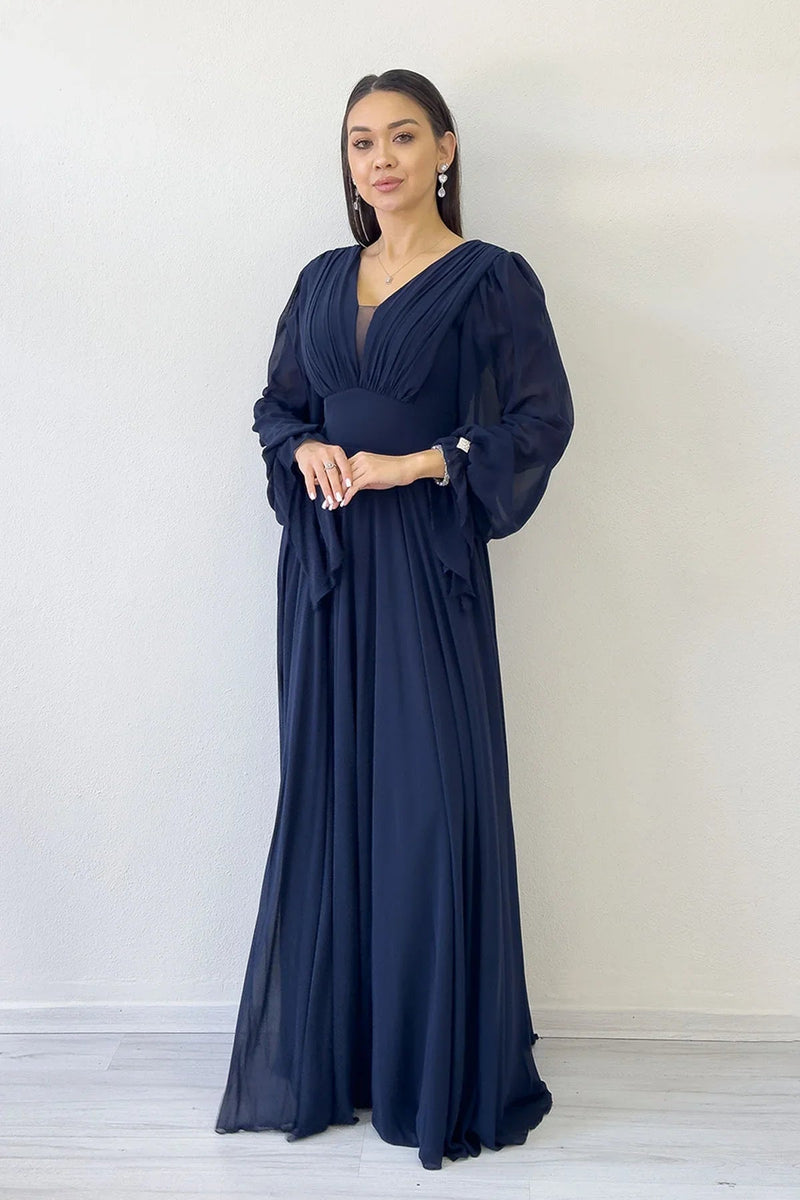 Women's Navy Blue Long Sleeve Ön Gathered Maxi Evening Gown