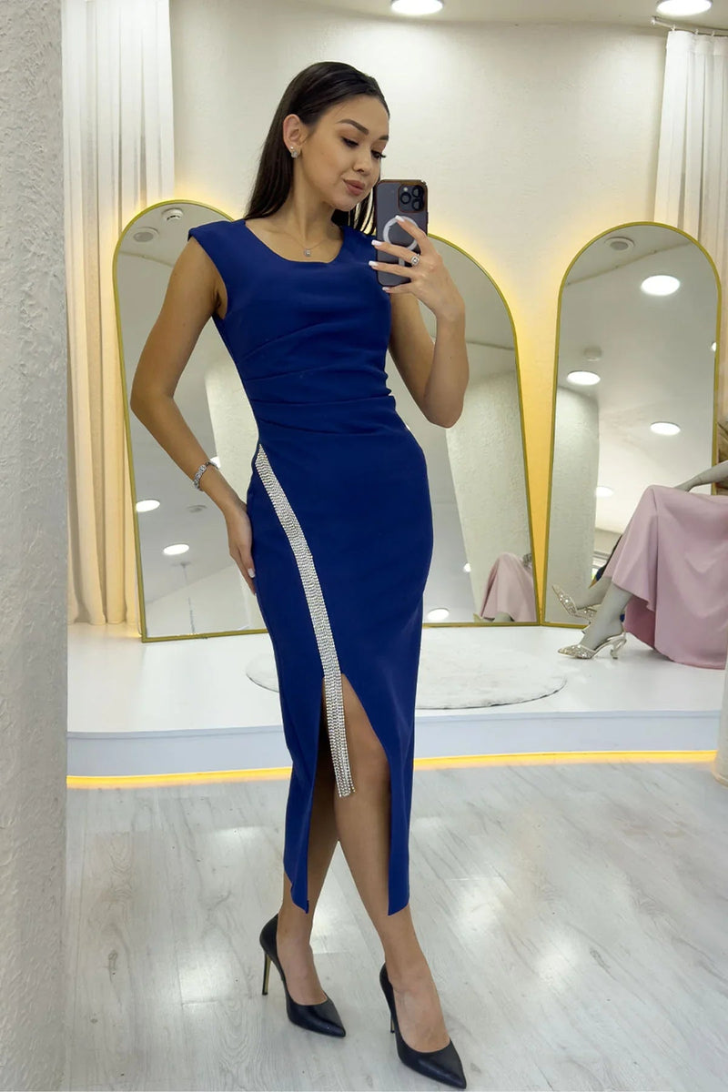 Women's Saxe Blue Yırtmaç Crystal Embellished Sleeveless Pencil Dress