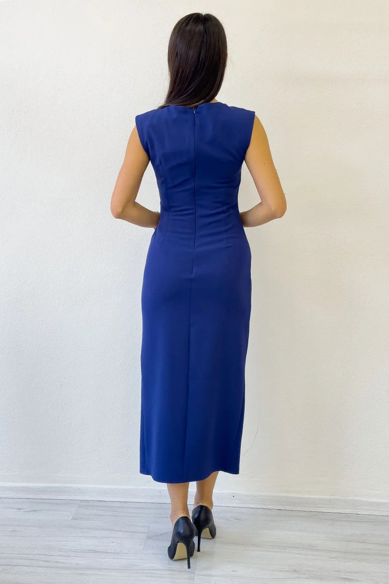 Women's Saxe Blue Yırtmaç Crystal Embellished Sleeveless Pencil Dress