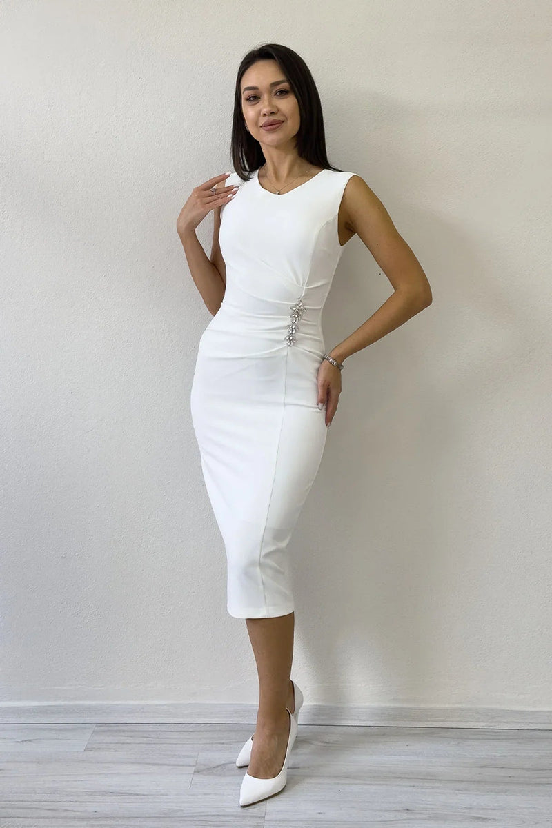 Women's White Draped Broş Detail Midi Pencil Dress