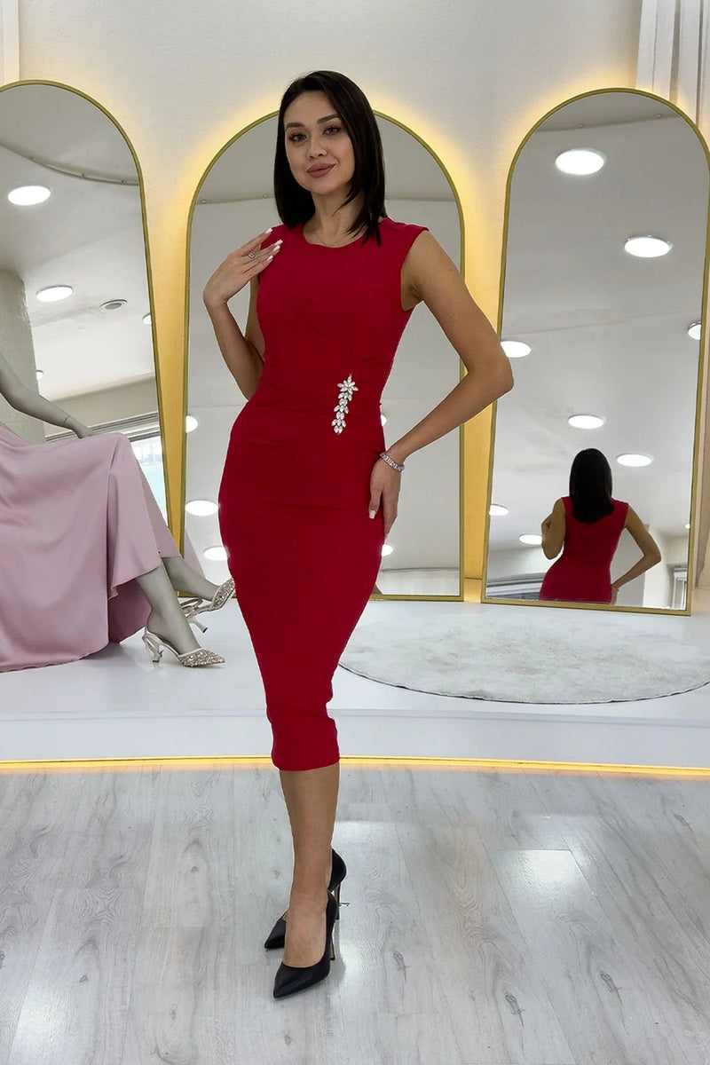 Women's Red Draped Broş Detail Midi Pencil Dress