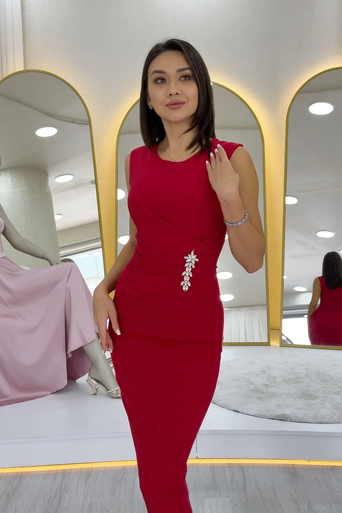 Women's Red Draped Broş Detail Midi Pencil Dress