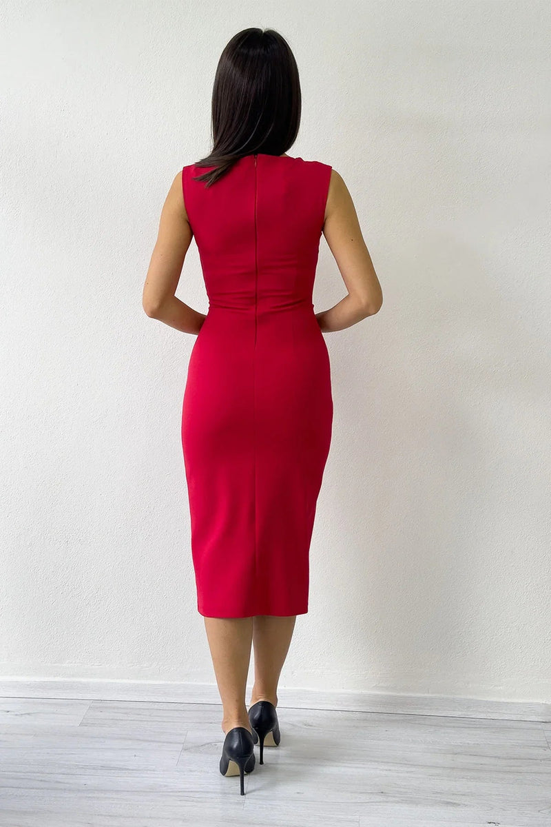 Women's Red Draped Broş Detail Midi Pencil Dress