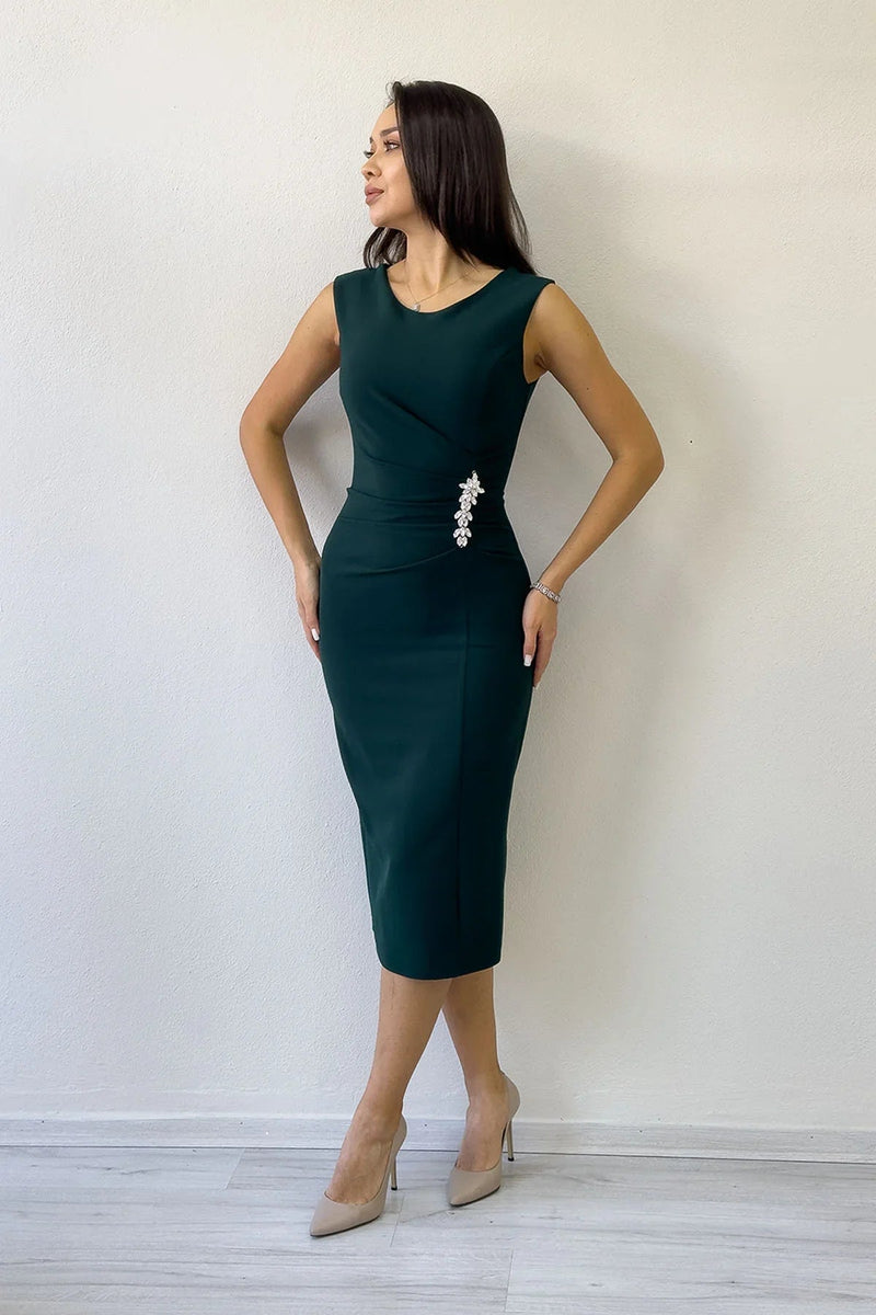Women's Green Draped Broş Detail Midi Plus Size Pencil Dress