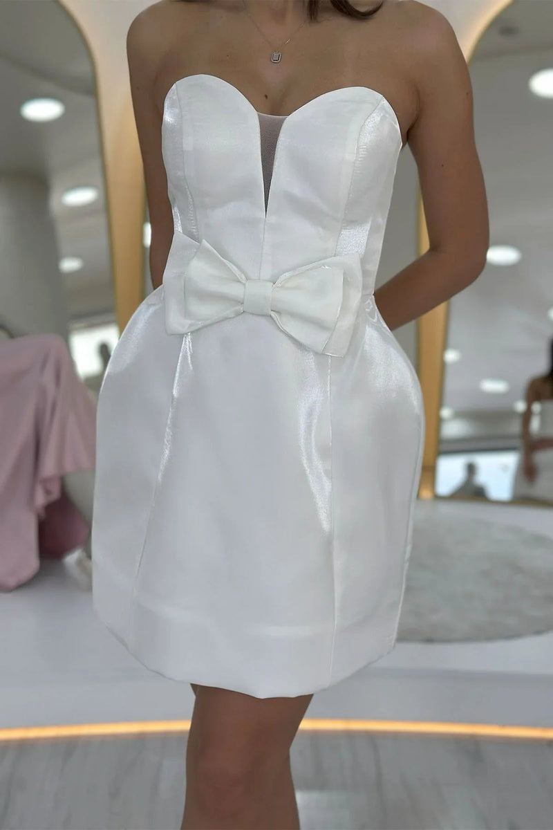 Women's White Strapless Fiyonk Detail Mini Evening Gown