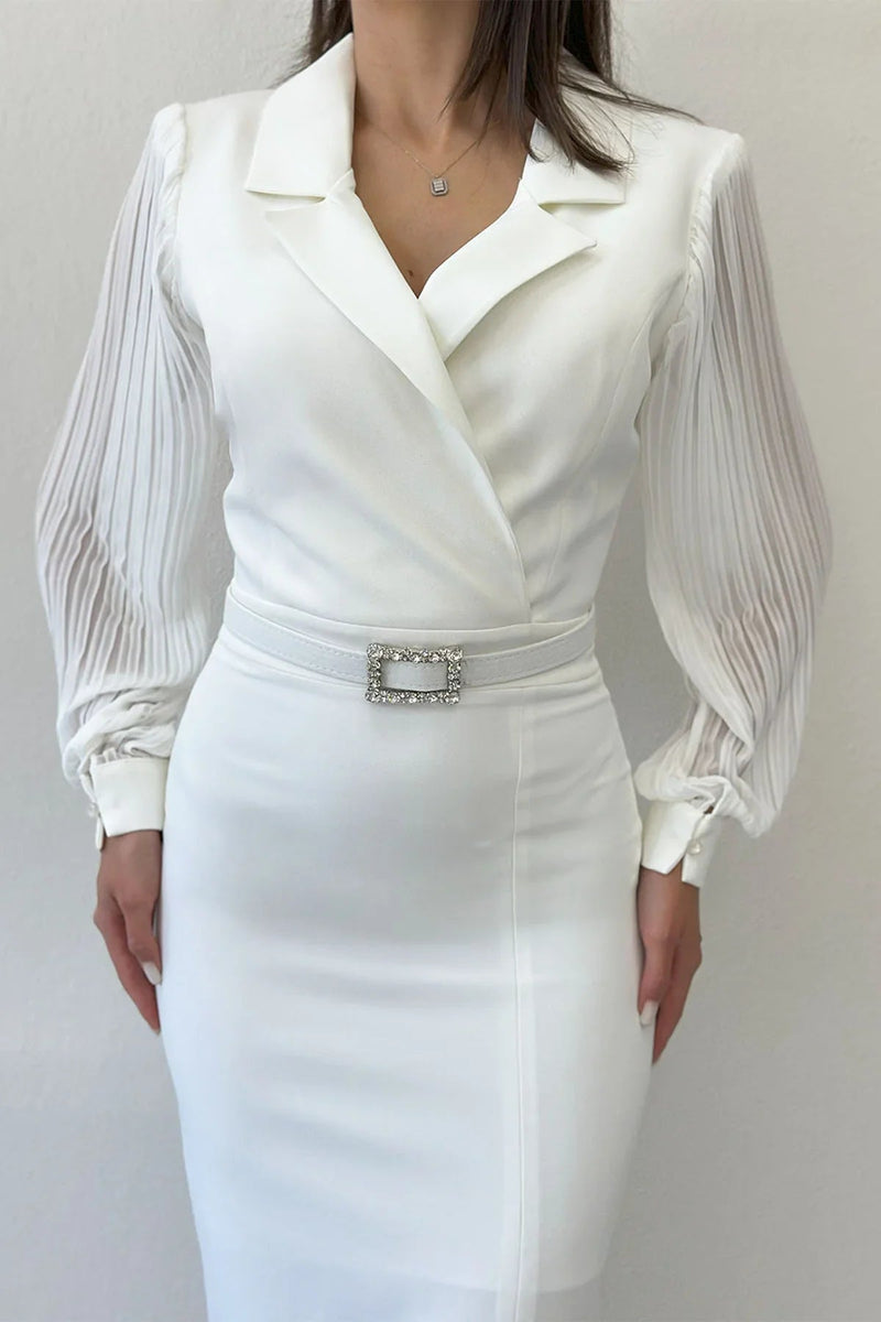 Women's White Wrap Neck Belted Midi Pencil Dress