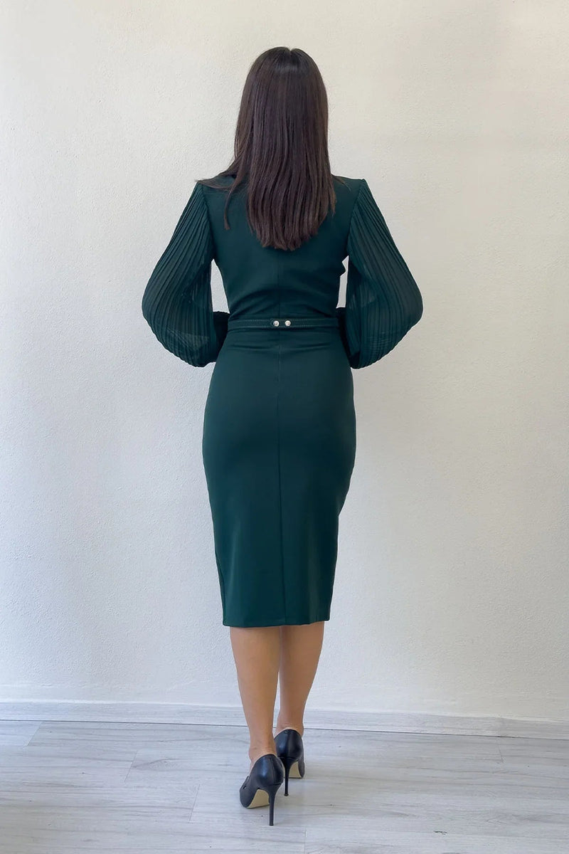 Women's Green Wrap Neck Belted Midi Pencil Dress
