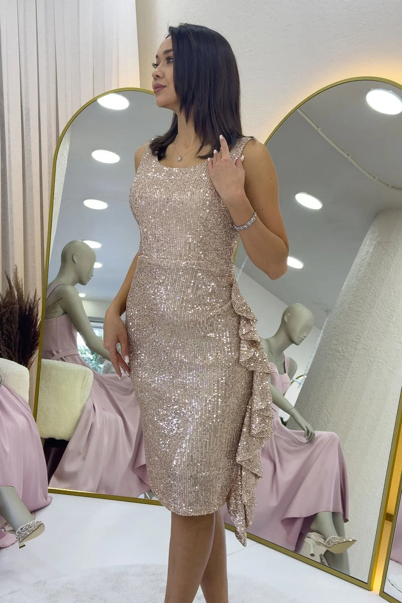 Women's Beige Sequin Thick Strap Midi FırFır Detail Evening Gown