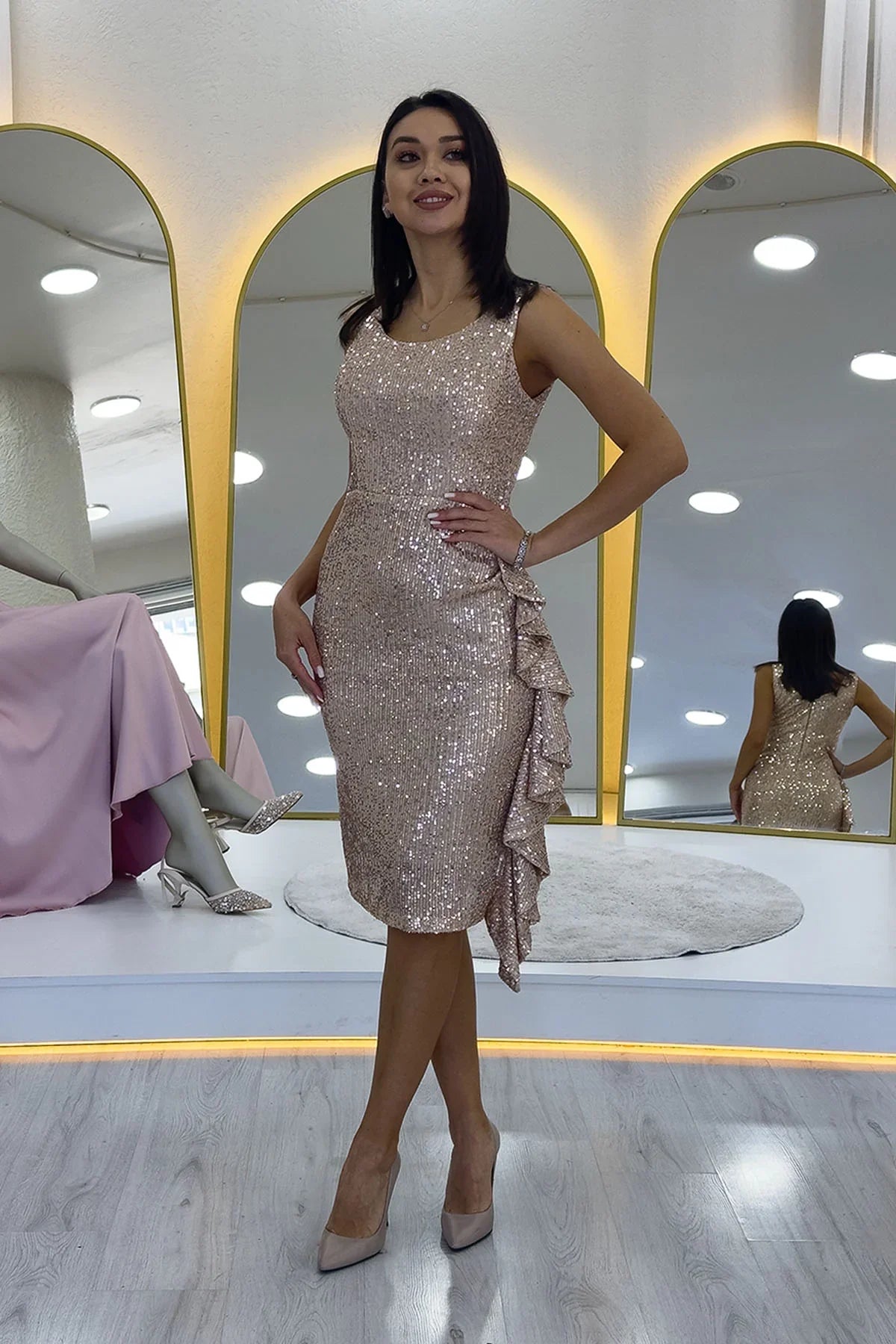 Women's Beige Sequin Thick Strap Midi FırFır Detail Evening Gown