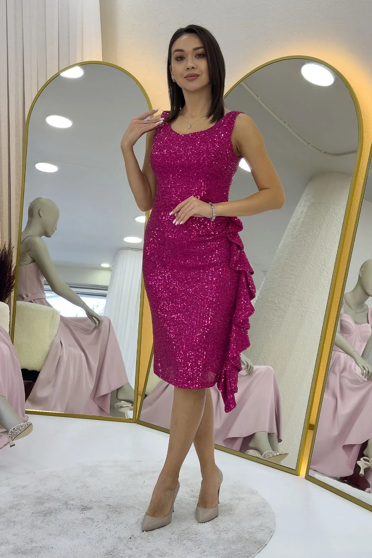 Women's Fuchsia Sequin Thick Strap Midi FırFır Detail Evening Gown
