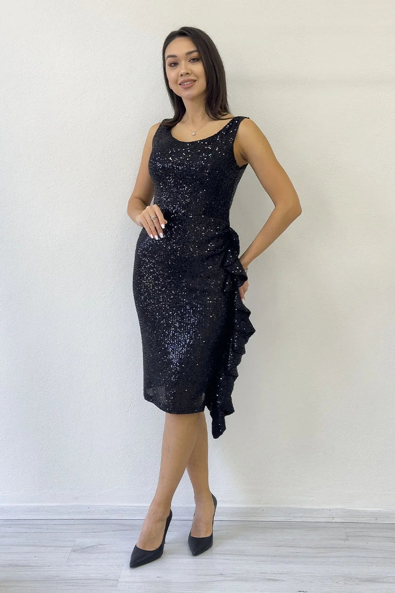 Women's Black Sequin Thick Strap Midi FırFır Detail Evening Gown