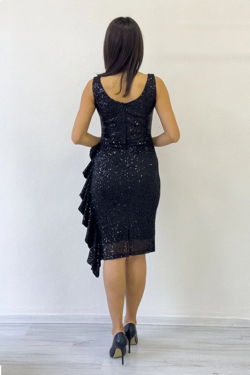 Women's Black Sequin Thick Strap Midi FırFır Detail Evening Gown