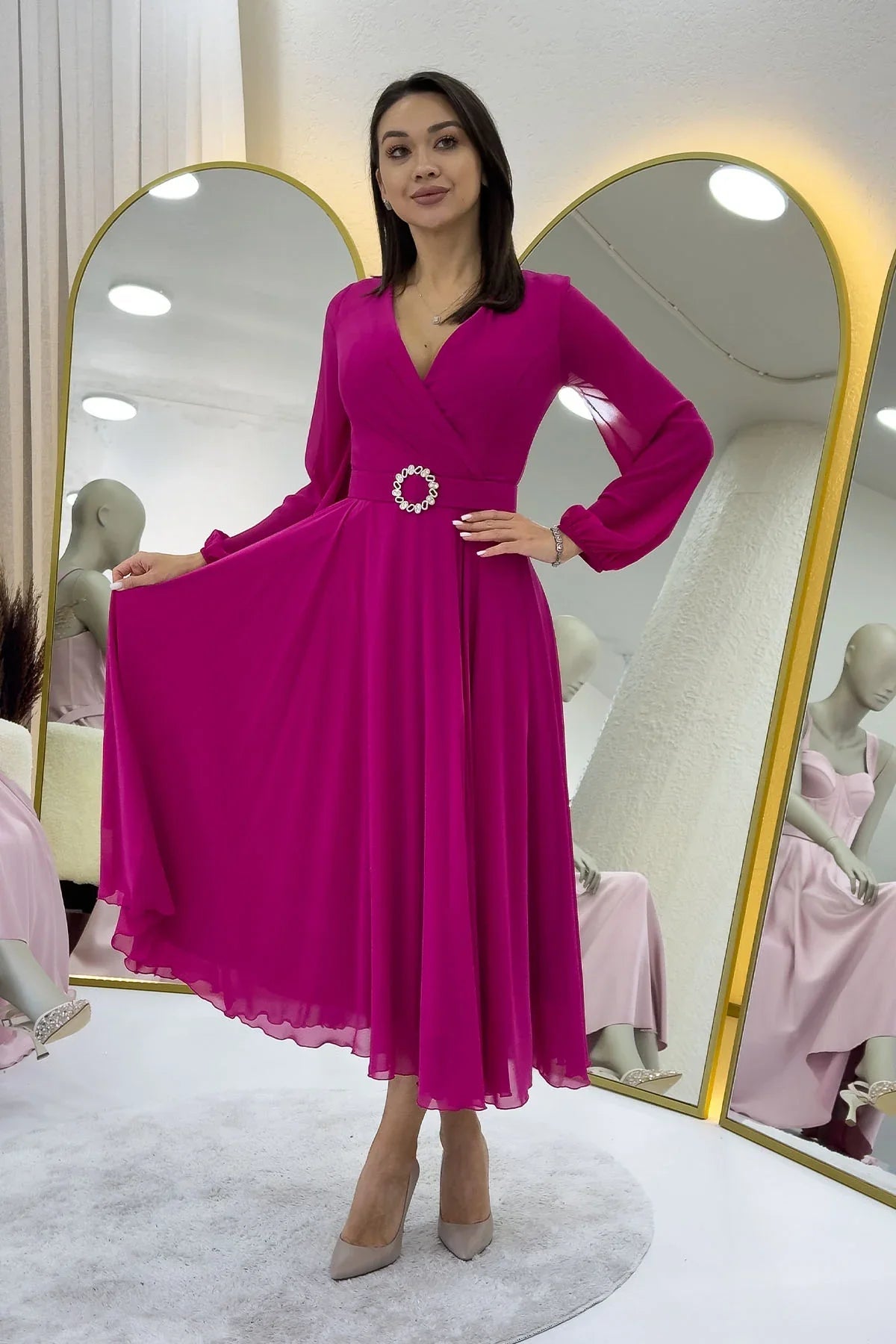 Women's Fuchsia Wrap Belted Midi Chiffon Dress