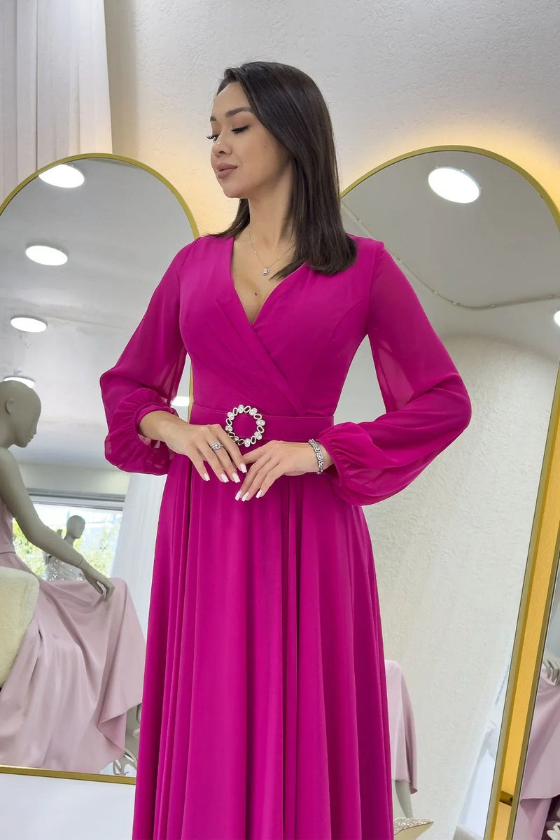 Women's Fuchsia Wrap Belted Midi Chiffon Dress