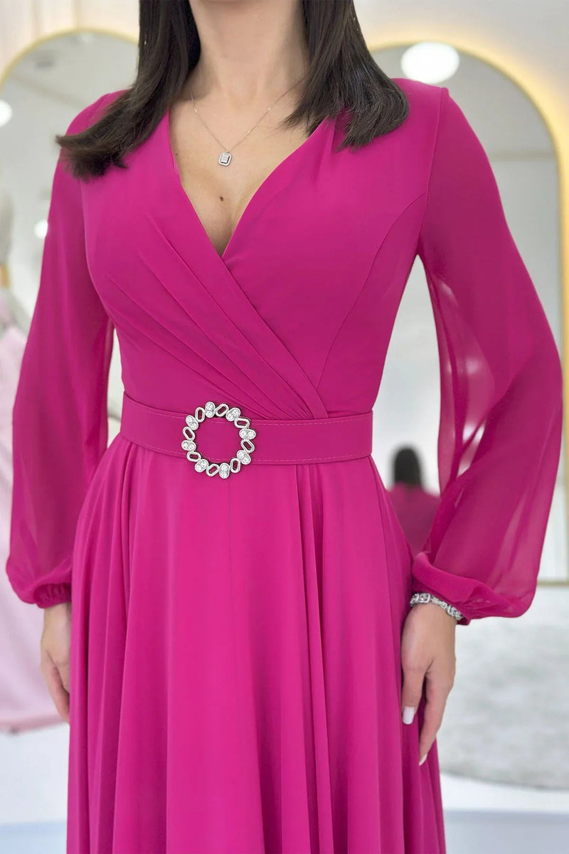 Women's Fuchsia Wrap Belted Midi Chiffon Dress