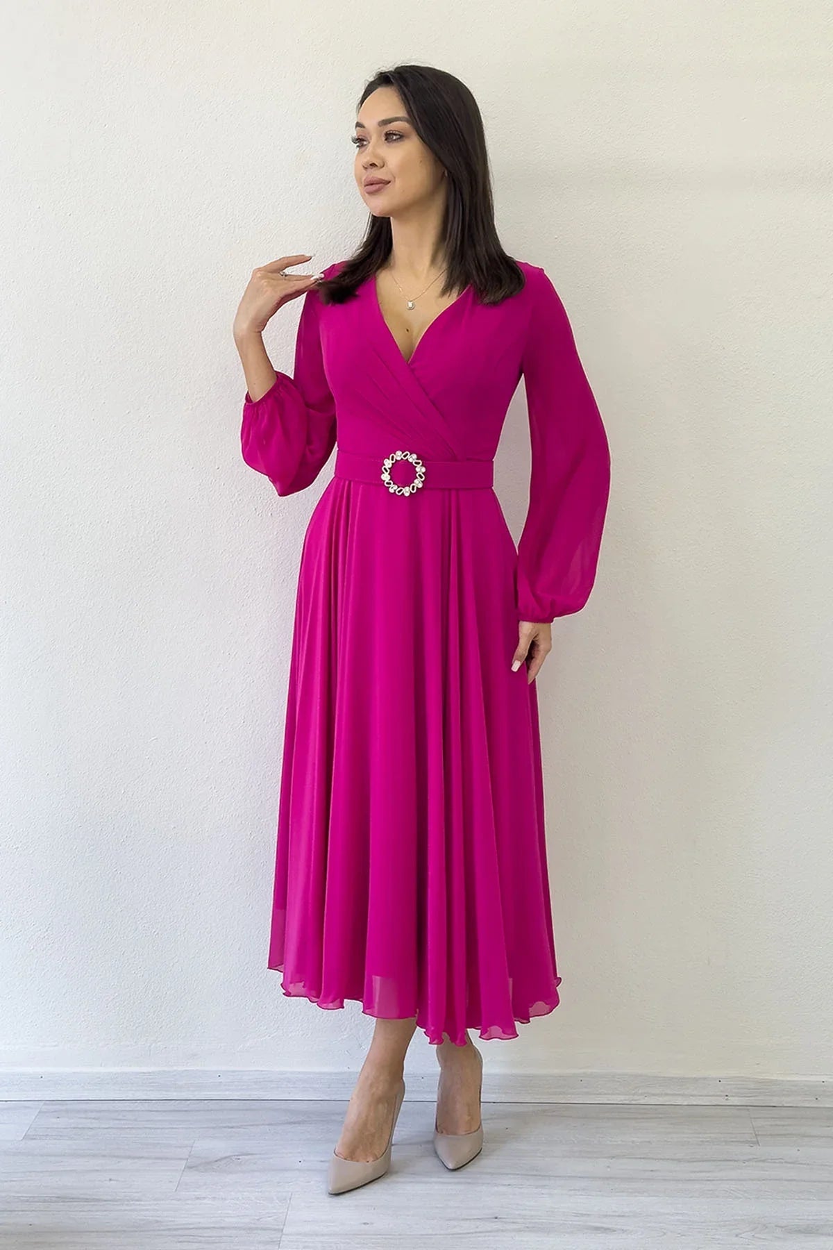 Women's Fuchsia Wrap Belted Midi Chiffon Dress