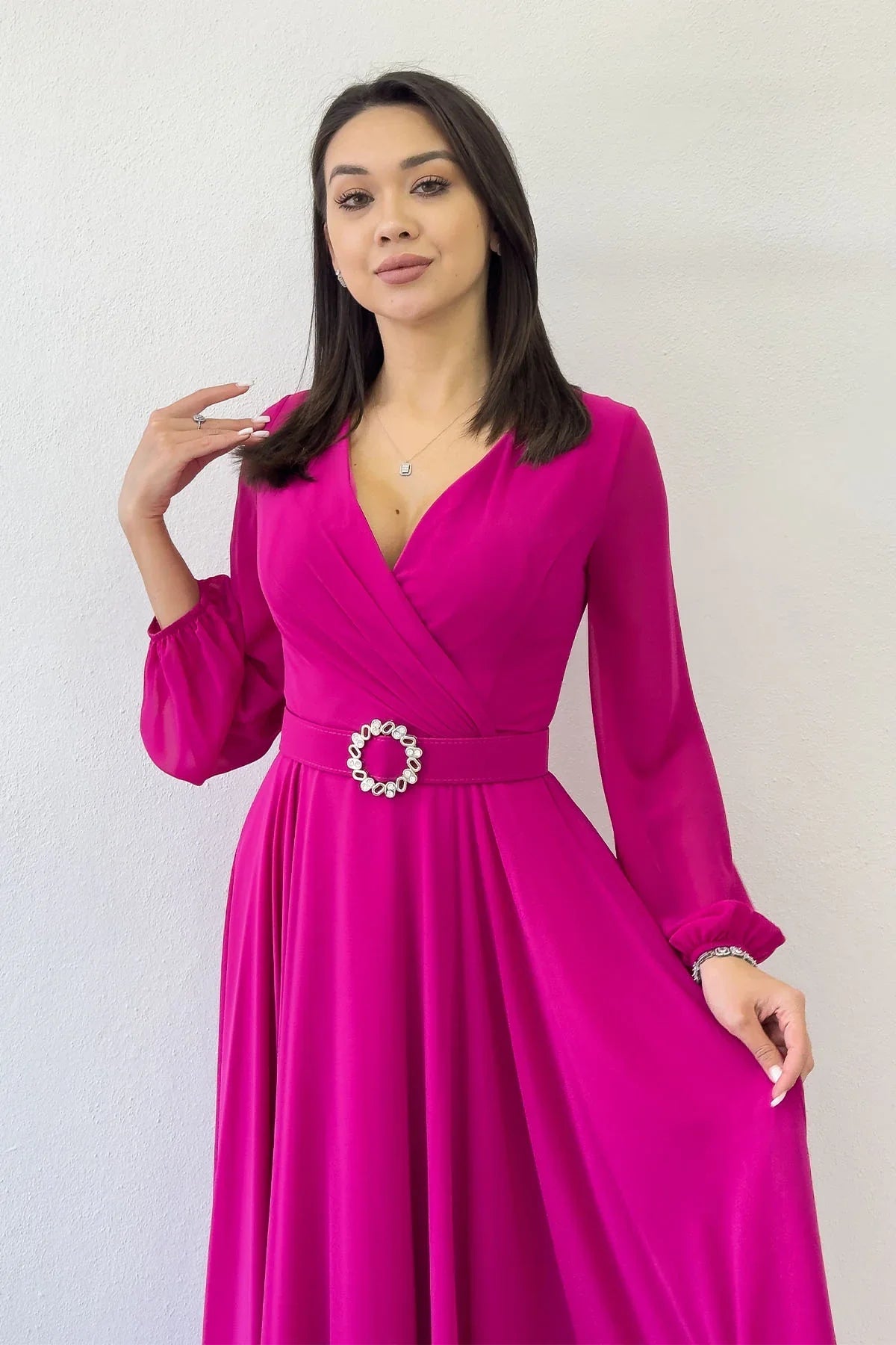 Women's Fuchsia Wrap Belted Midi Chiffon Dress