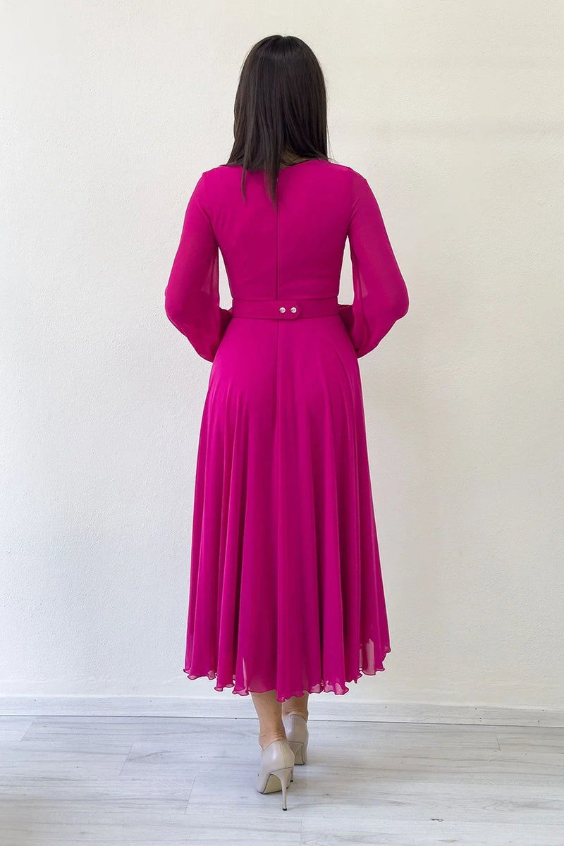 Women's Fuchsia Wrap Belted Midi Chiffon Dress