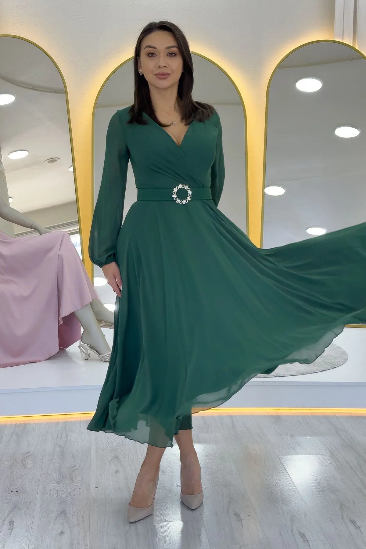 Women's Green Wrap Belted Midi Chiffon Dress
