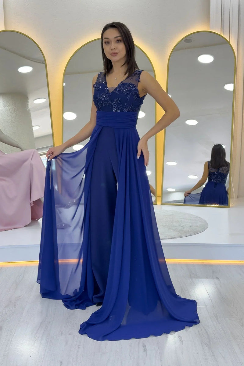 Women's Navy Blue V-Neck Embellished Train Evening Gown Jumpsuit