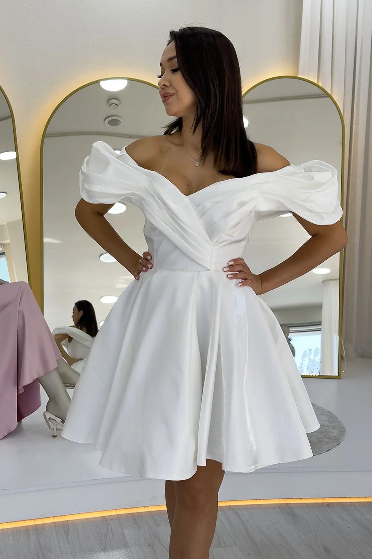 White Off-Shoulder Mini Evening Dress