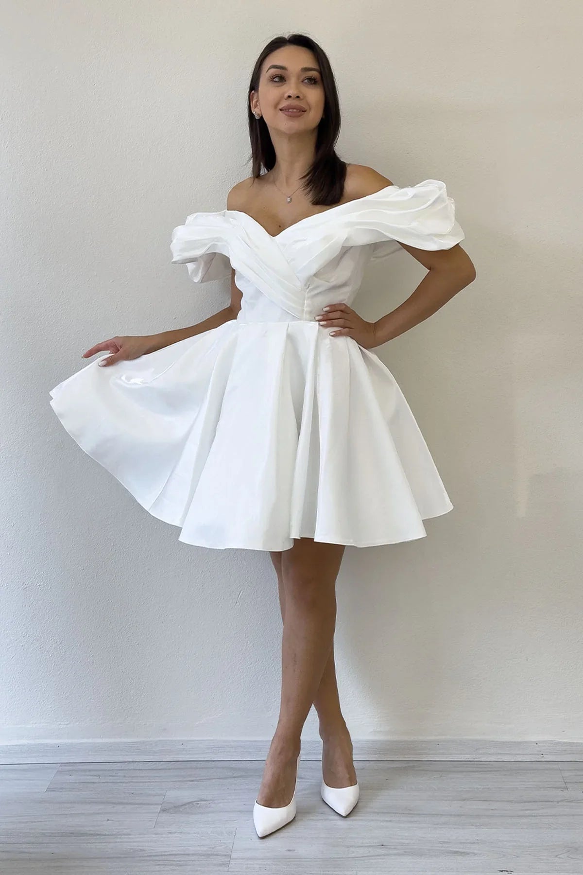 White Off-Shoulder Mini Evening Dress