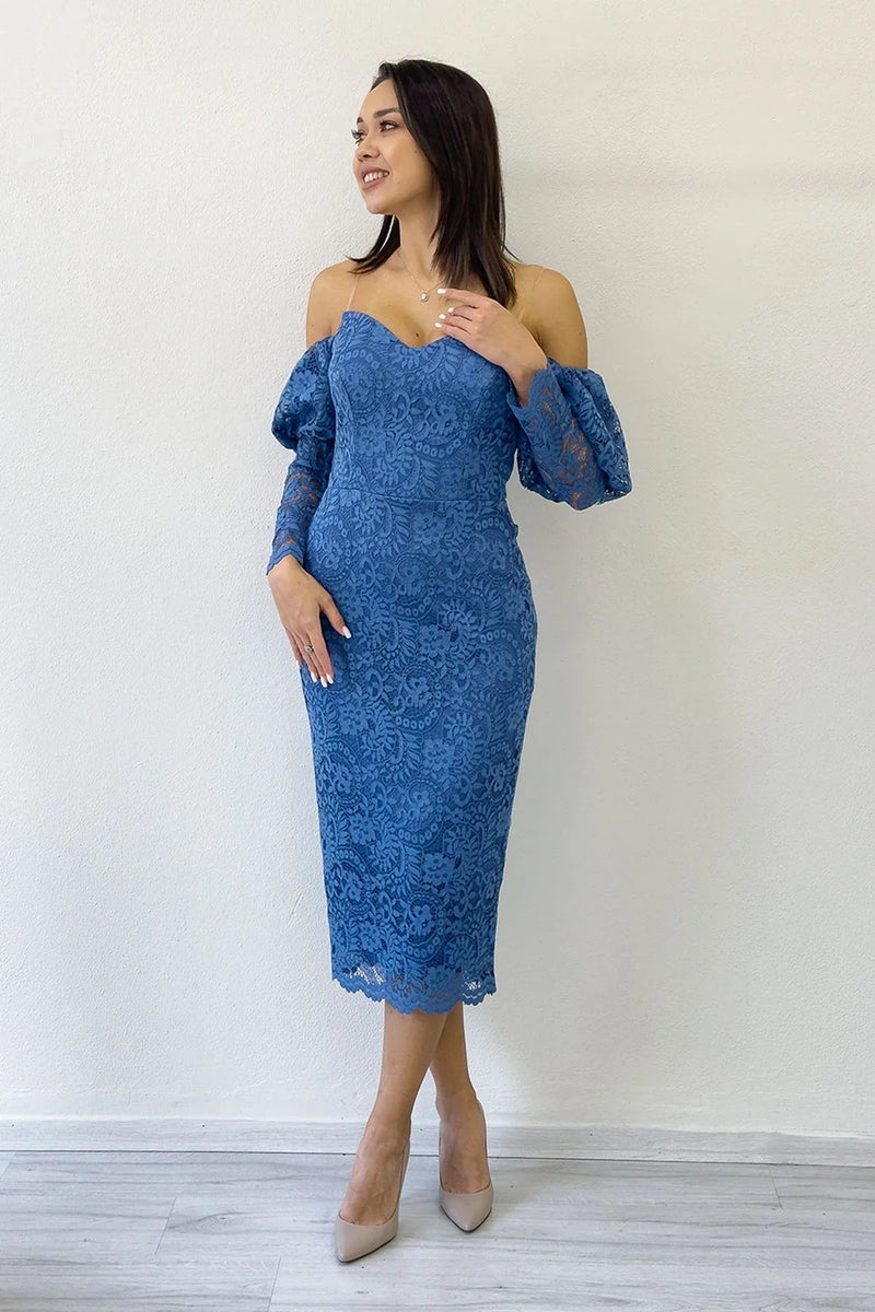 Women's Indigo Off-Shoulder Balloon Sleeve Lace Evening Gown