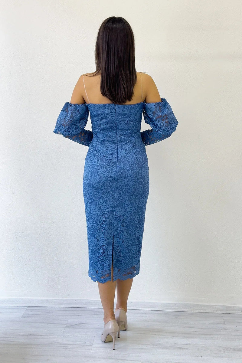 Women's Indigo Off-Shoulder Balloon Sleeve Lace Evening Gown