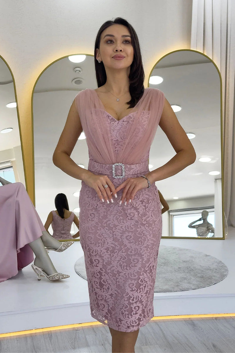 Women's Powder Pink Lace Kumaş Tulle Detail Belted Midi Evening Gown