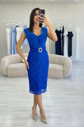 Saxe Blue Lace Pencil Evening Dress
