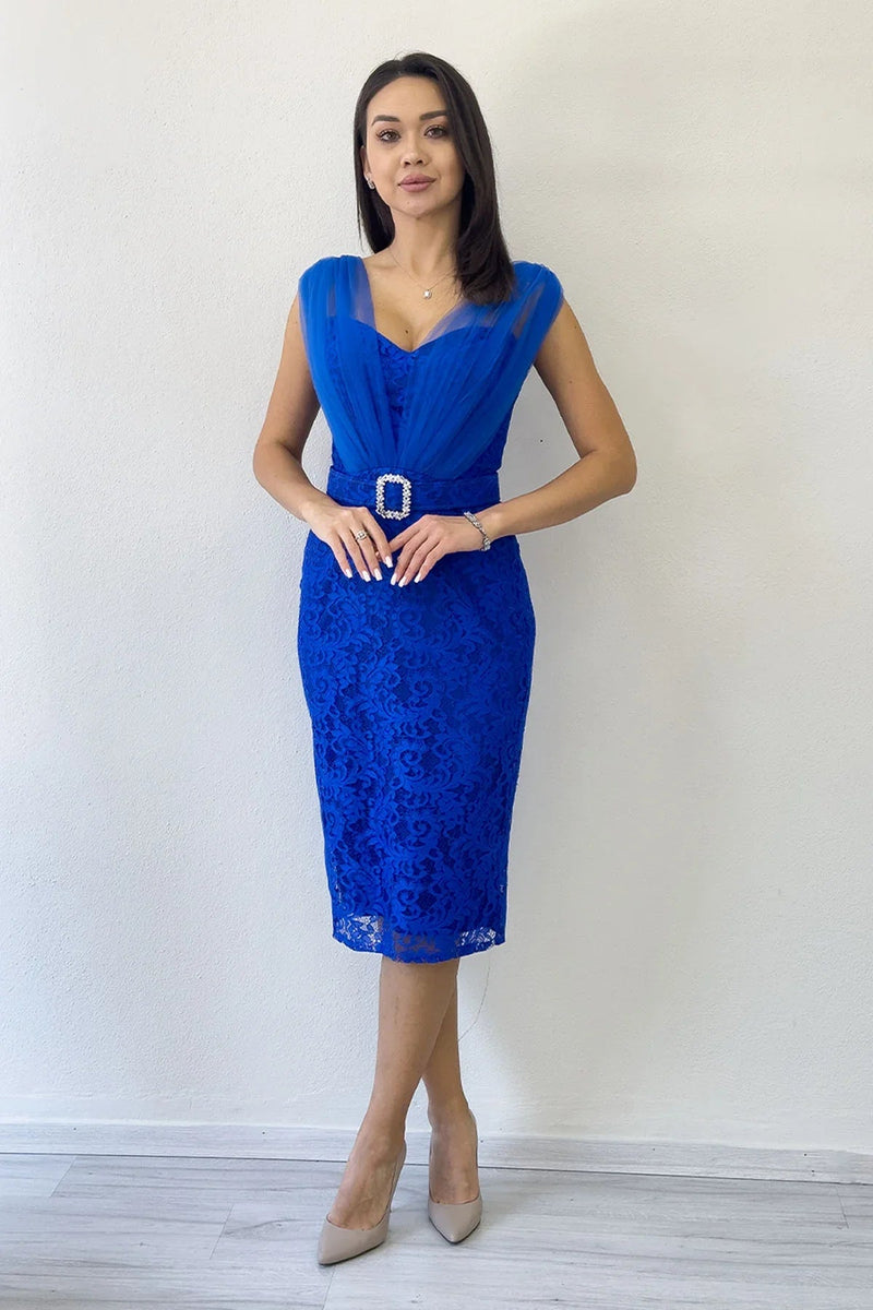 Women's Saxe Blue Lace Kumaş Tulle Detail Belted Midi Evening Gown