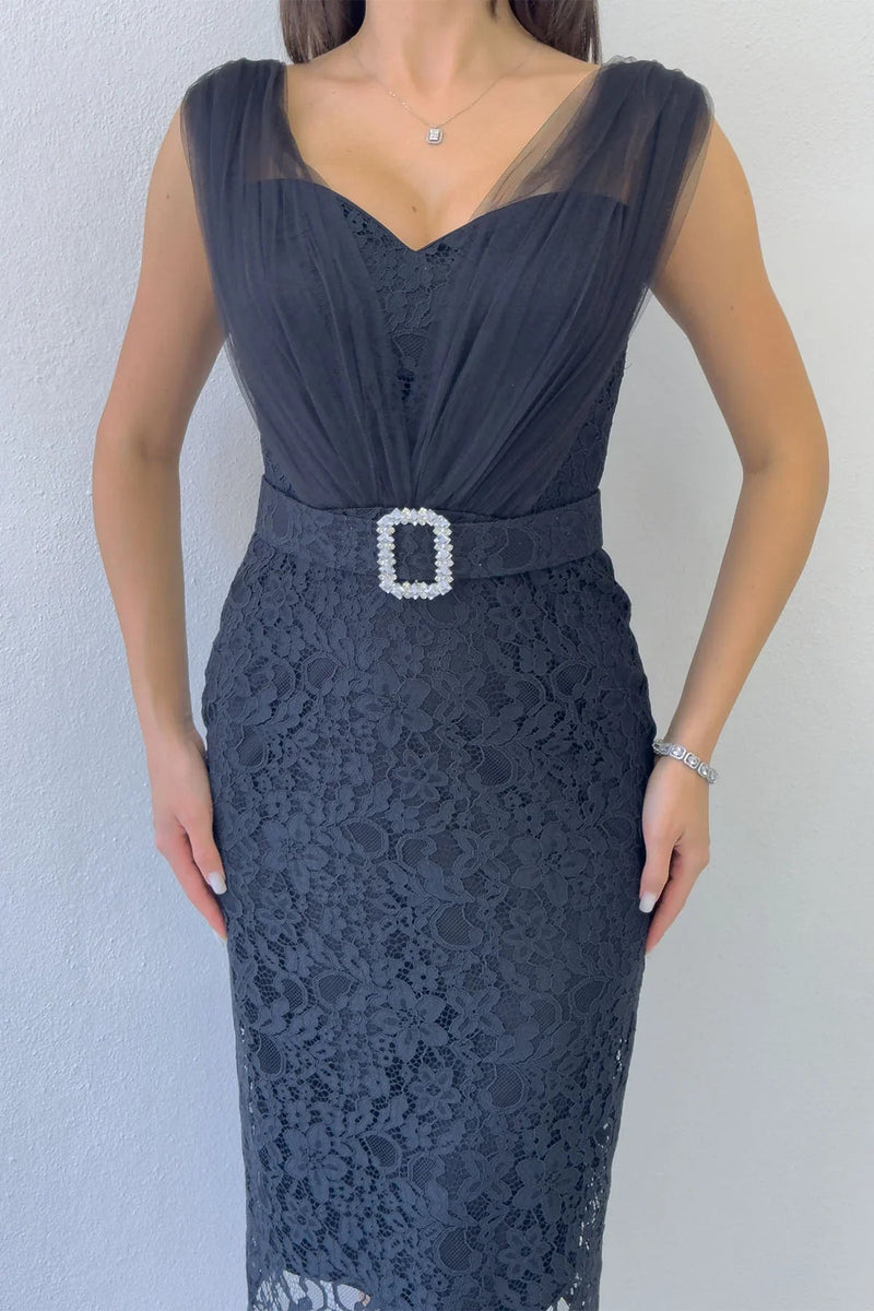 Women's Black Lace Kumaş Tulle Detail Belted Midi Evening Gown
