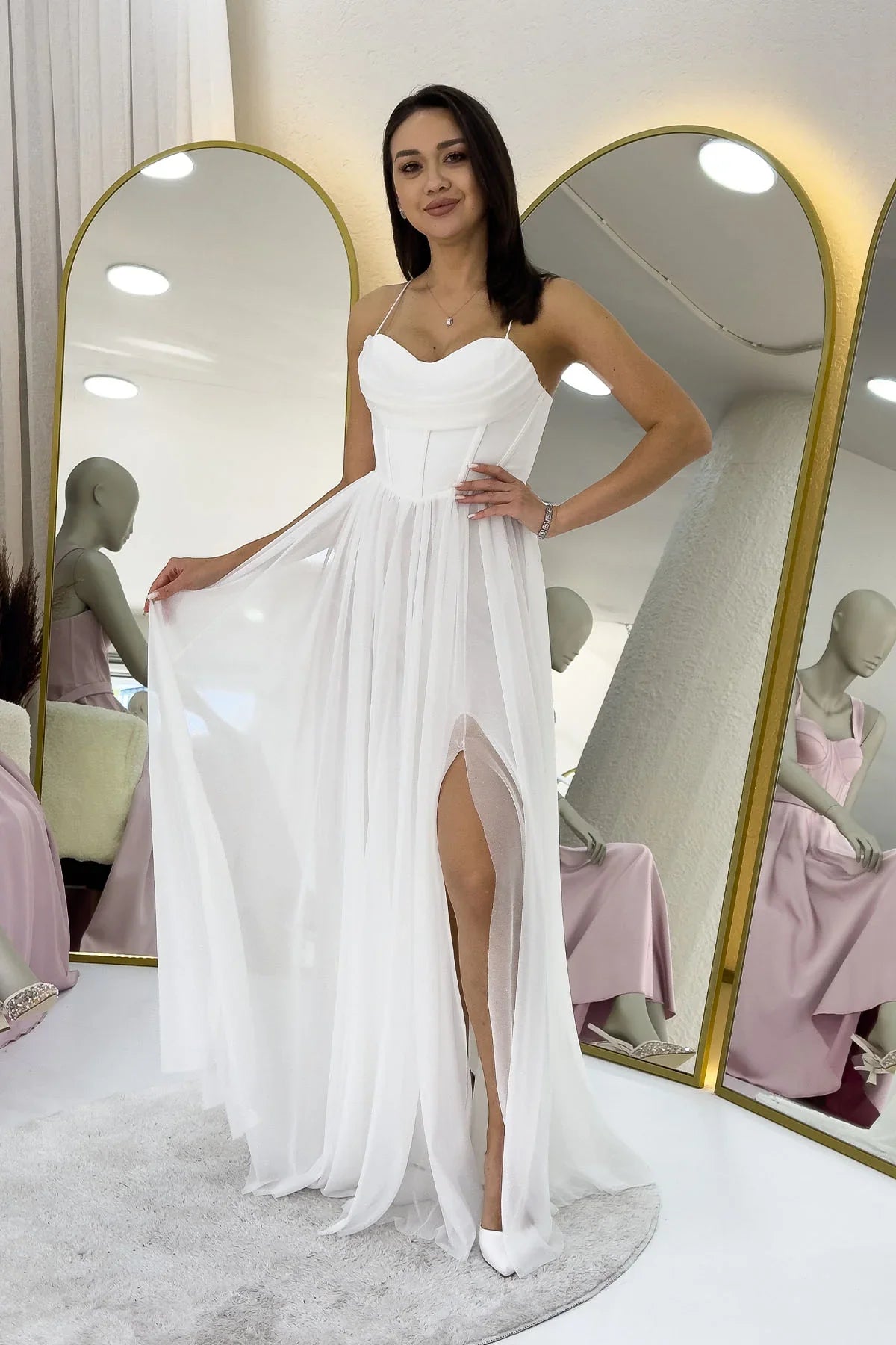 Women's White Glitter Open Back Corset Detail Slit Evening Gown