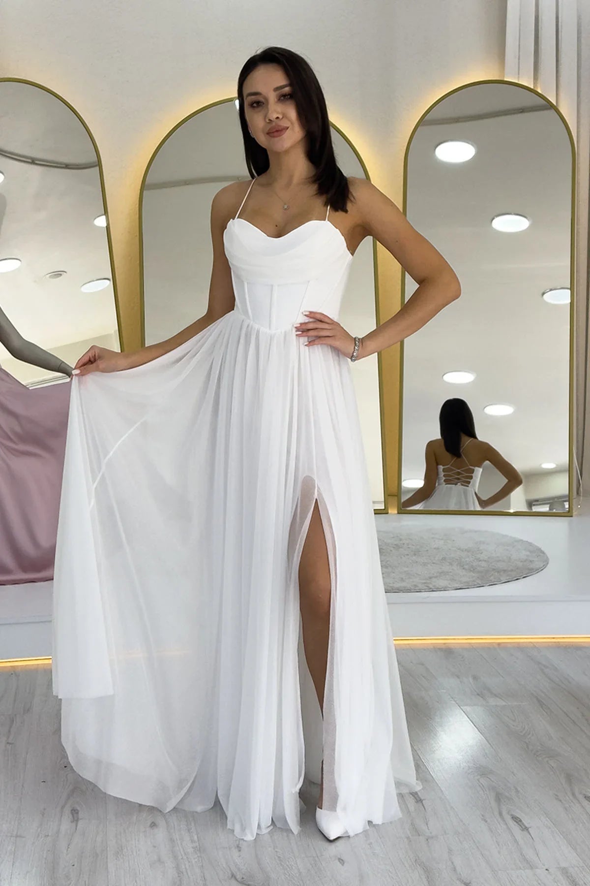 Women's White Glitter Open Back Corset Detail Slit Evening Gown