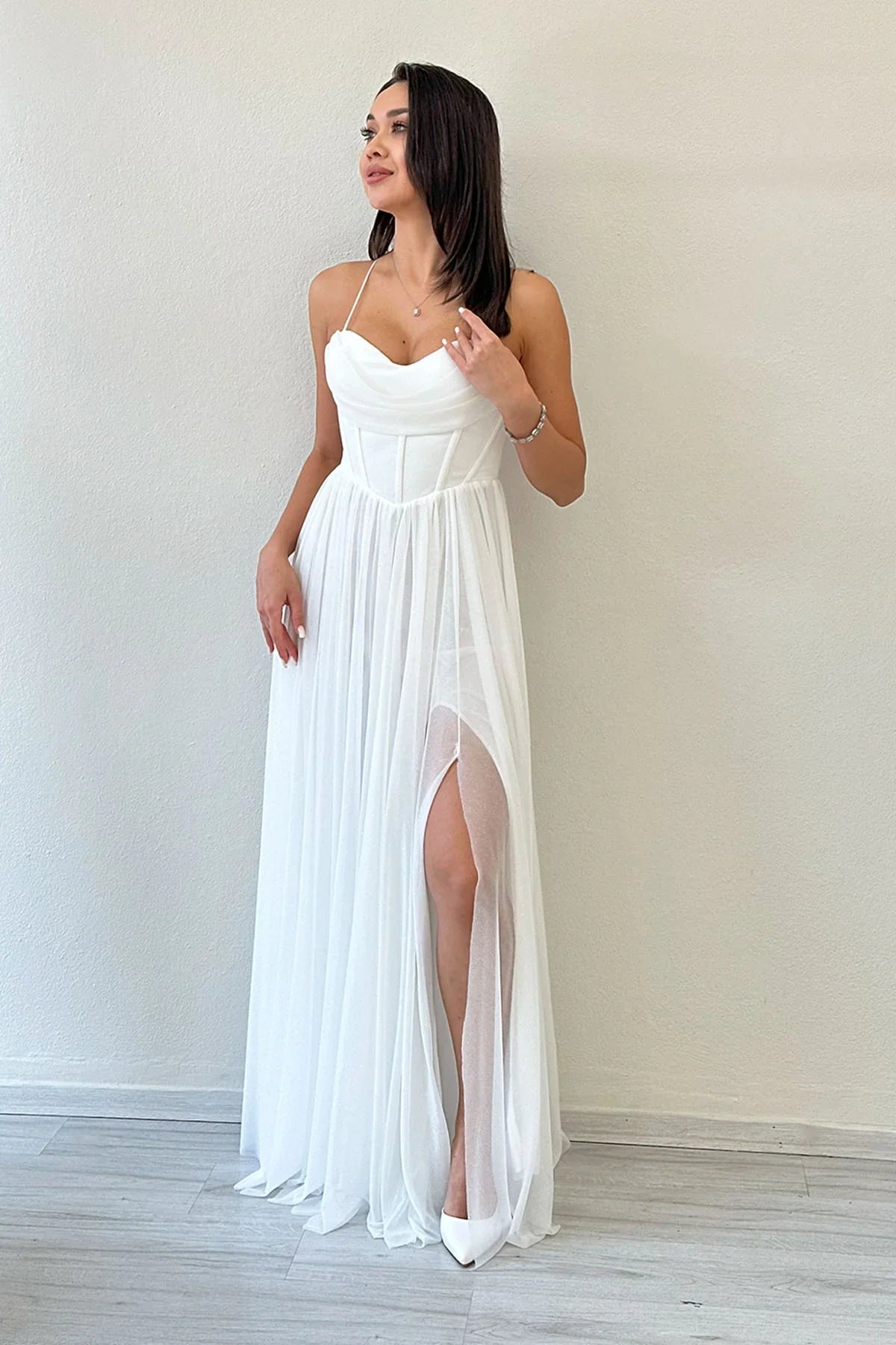 Women's White Glitter Open Back Corset Detail Slit Evening Gown