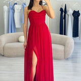 Red Thin-Strapped Chiffon Evening Dress