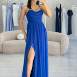 Saxe Blue Thin-Strapped Chiffon Evening Dress