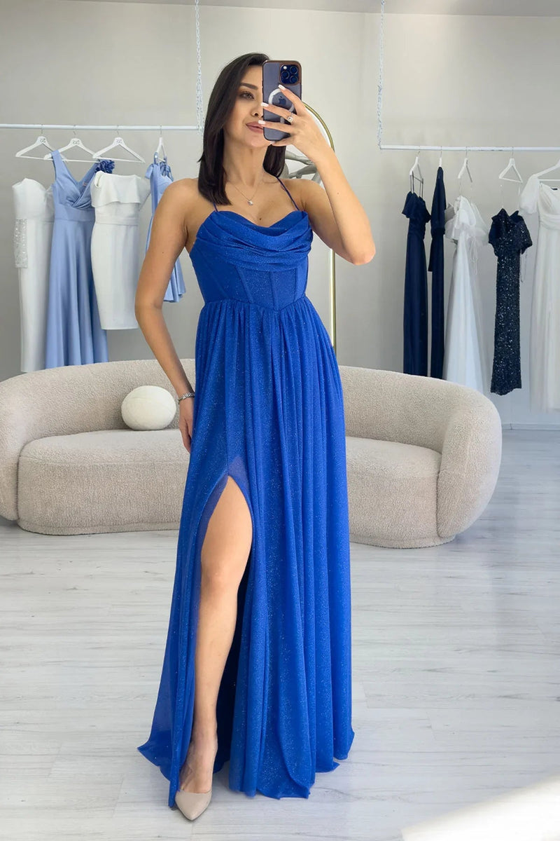 Women's Saxe Blue Glitter Open Back Corset Detail Slit Evening Gown