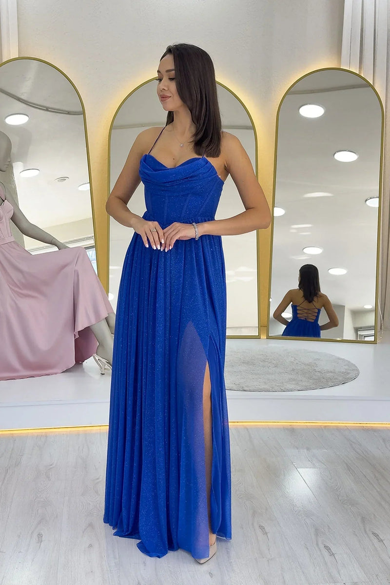 Women's Saxe Blue Glitter Open Back Corset Detail Slit Evening Gown