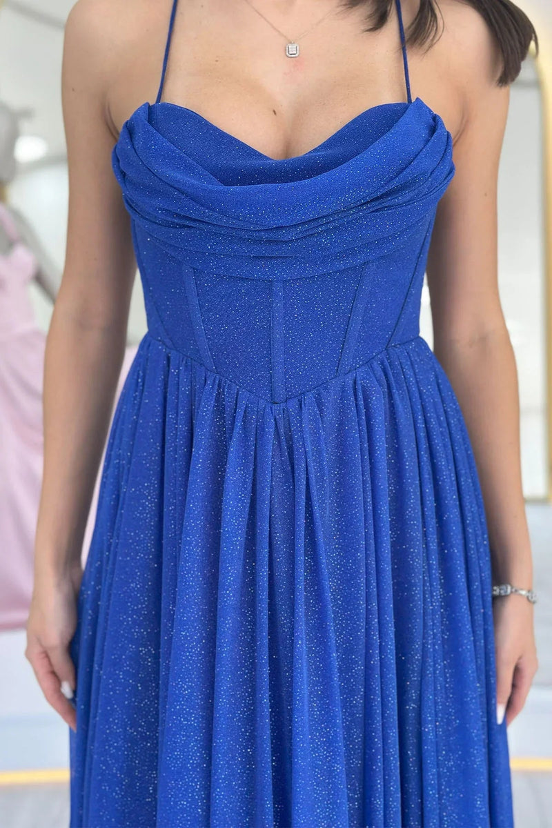 Women's Saxe Blue Glitter Open Back Corset Detail Slit Evening Gown