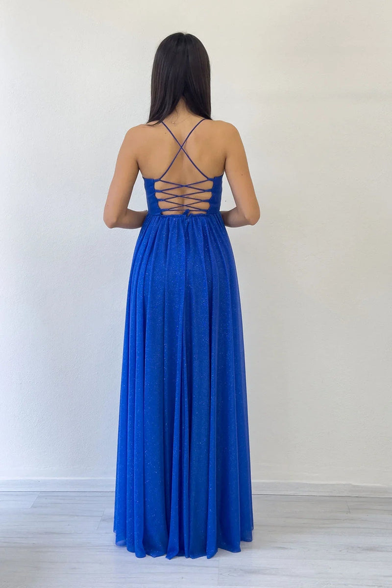 Women's Saxe Blue Glitter Open Back Corset Detail Slit Evening Gown