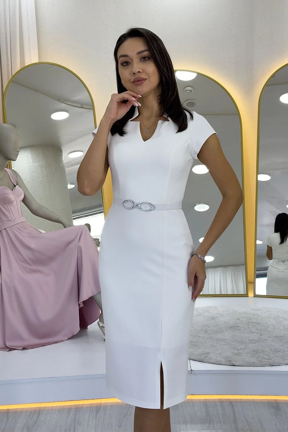 Women's White V-Neck Half Sleeve Belted Midi Pencil Dress